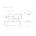Anna Series 1500*830*580mm Gloss White Back To Wall Acrylic Bathtub