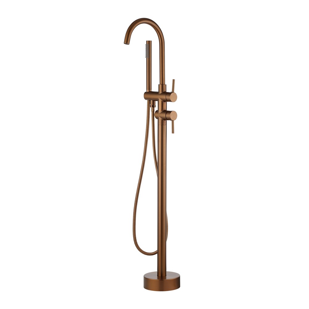 Round Brushed Copper Freestanding Bath Mixer With Handheld Shower 1 Round Brushed Copper Freestanding Bath Mixer With Handheld Shower