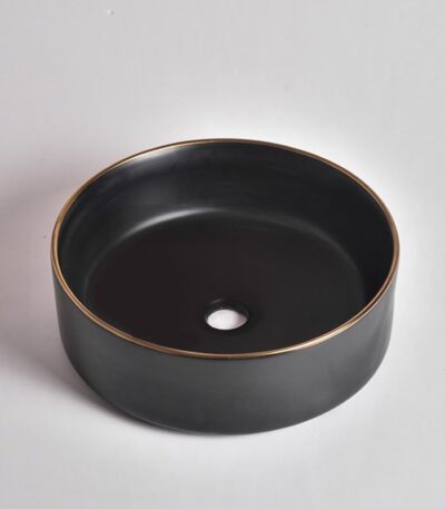360x360x125mm Matte Black with Gold Rim Above Counter Basin