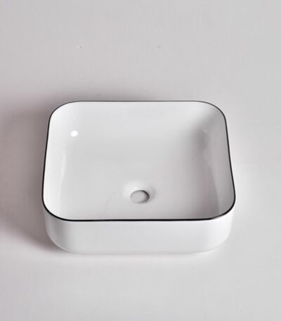 385x385x140mm Gloss White with Black Rim Above Counter Basin
