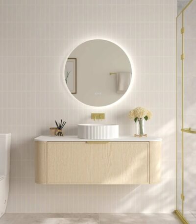 1190*455*390mm Elva Natural Oak Wall Hung Cabinet Only With Brushed Gold Handle