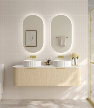 1490*455*390mm Elva Natural Oak Wall Hung Cabinet Only With Brushed Gold Handle