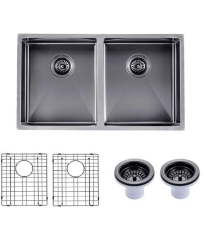 Round Corner Stainless Steel Gun Metal Grey PVD Coating Double Bowl Kitchen Sink(with Bottom Grid) 770*450*215mm