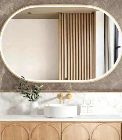 750*1200mm LED Oval Gold Metal Frame Mirror – Install Horizontal Or Vertical