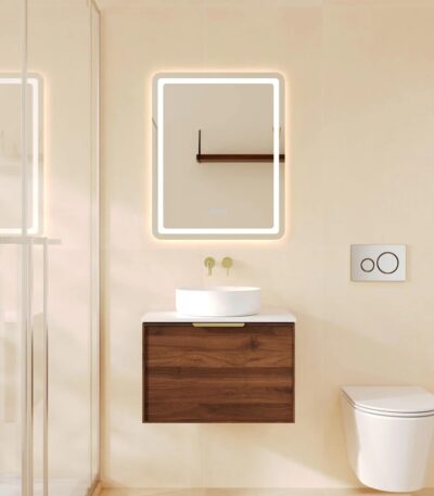 590*455*390mm Paris Walnut Woodmatt Wall Hung Vanity With Brushed Gold Handle