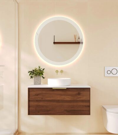 890*455*390mm Paris Walnut Woodmatt Wall Hung Vanity Only With Brushed Gold Handle