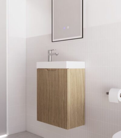Vienna 450mm American Oak Wall Hung One Door Mini Vanity with Polymarble Top