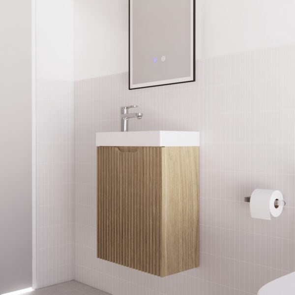 Vienna 450mm American Oak Wall Hung One Door Mini Vanity with Polymarble Top 1 Vienna 450mm American Oak Wall Hung One Door Mini Vanity with Polymarble Top
