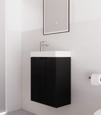Vienna 450mm Matt Black Wall Hung One Door Mini Vanity with Polymarble Top