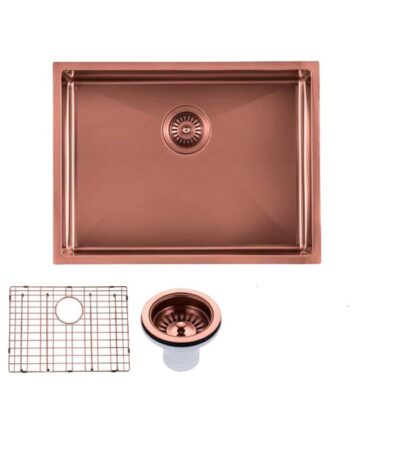 Round Corner Stainless Steel Copper PVD Coating Single Bowl Kitchen Sink(with Bottom Grid) 600*450*230mm
