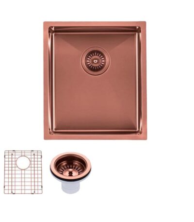 Round Corner Stainless Steel Copper PVD Coating Single Bowl Kitchen Sink(with Bottom Grid) 390*450*215mm