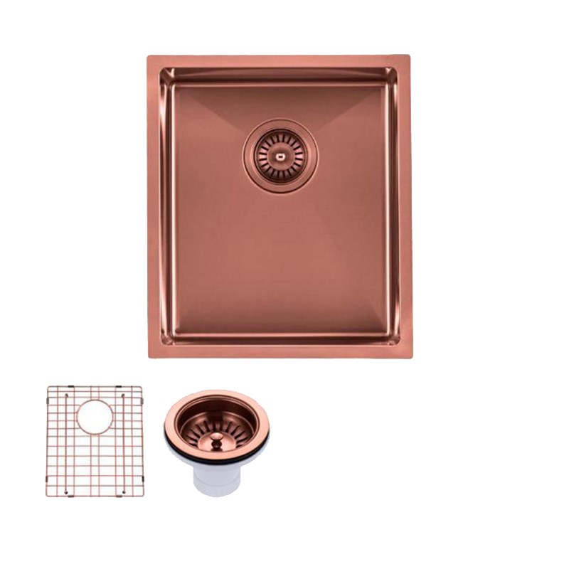 Round Corner Stainless Steel Copper PVD Coating Single Bowl Kitchen Sink(with Bottom Grid) 390*450*215mm 1 Round Corner Stainless Steel Copper PVD Coating Single Bowl Kitchen Sink(with Bottom Grid) 390*450*215mm