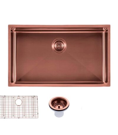 Round Corner Stainless Steel Copper PVD Coating Single Bowl Kitchen Sink(with Bottom Grid) 762*457*254mm