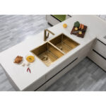 (C-770 Light Gold)Round Corner Stainless Steel Light Brushed Brass PVD Coating Double Bowl Kitchen Sink(with Bottom Grid) 770*450*215mm