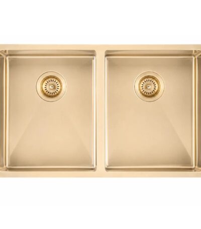 (C-770 Light Gold)Round Corner Stainless Steel Light Brushed Brass PVD Coating Double Bowl Kitchen Sink(with Bottom Grid) 770*450*215mm