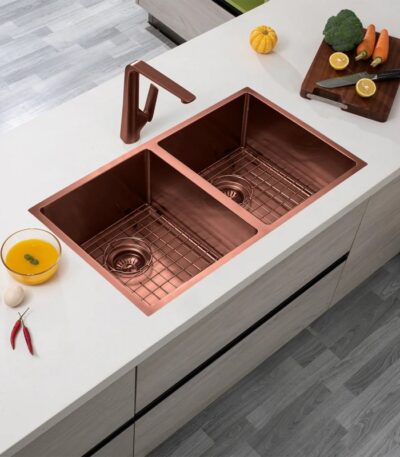 820x457x230mm Copper Stainless Steel PVD Double Bowl Kitchen Sink
