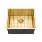 (C-440 Light Gold)Round Corner Stainless Steel Brushed Brass PVD Coating Single Bowl Kitchen Sink(with Bottom Grid) 440*440*205mm