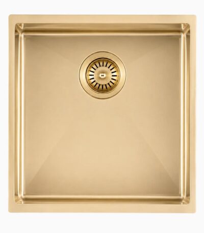(C-440 Light Gold)Round Corner Stainless Steel Brushed Brass PVD Coating Single Bowl Kitchen Sink(with Bottom Grid) 440*440*205mm