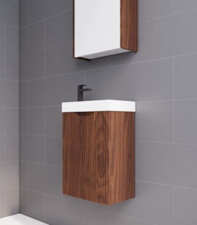 Vienna 450mm Brown Oak Wall Hung One Door Mini Vanity with Polymarble Top