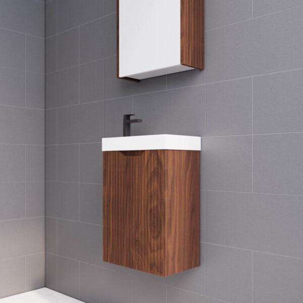 Vienna 450mm Brown Oak Wall Hung One Door Mini Vanity with Polymarble Top 1 Vienna 450mm Brown Oak Wall Hung One Door Mini Vanity with Polymarble Top