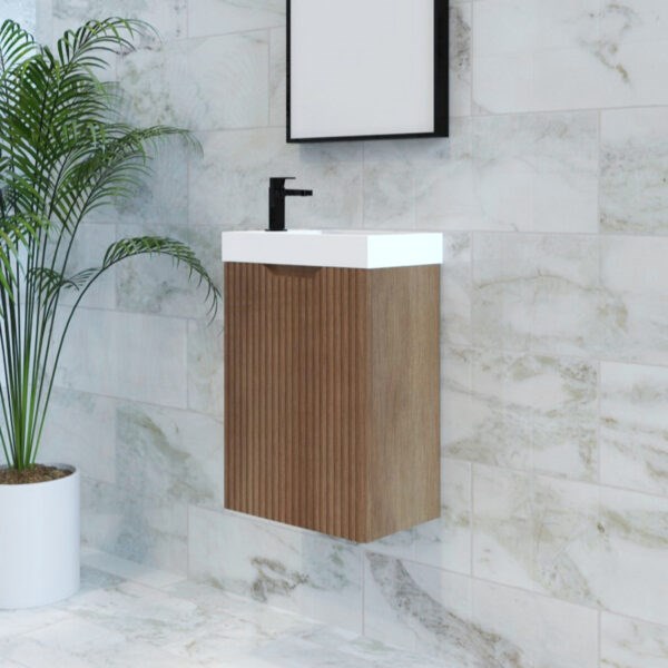 Vienna 450mm Solid Timber Wall Hung One Door Mini Vanity with Polymarble Top 1 Vienna 450mm Solid Timber Wall Hung One Door Mini Vanity with Polymarble Top