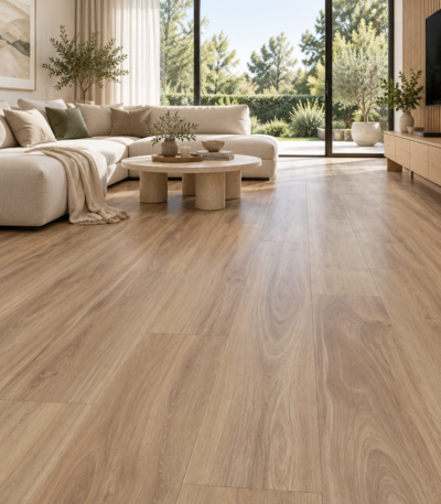 Lotto Casa Blackbutt SPC flooring in a modern living room — illustrative render