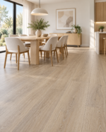 Lotto Casa Linen Oak SPC flooring in a contemporary dining room — illustrative render
