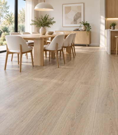 Lotto Casa Linen Oak SPC flooring in a contemporary dining room — illustrative render