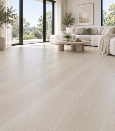 Lotto Casa Pearl Oak SPC flooring in a bright living room — illustrative render