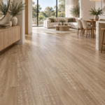 Lotto Casa Spotted Gum SPC flooring in a contemporary open-plan home — illustrative render