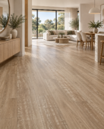 Lotto Casa Spotted Gum SPC flooring in a contemporary open-plan home — illustrative render