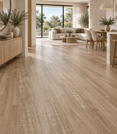 Lotto Casa Spotted Gum SPC flooring in a contemporary open-plan home — illustrative render