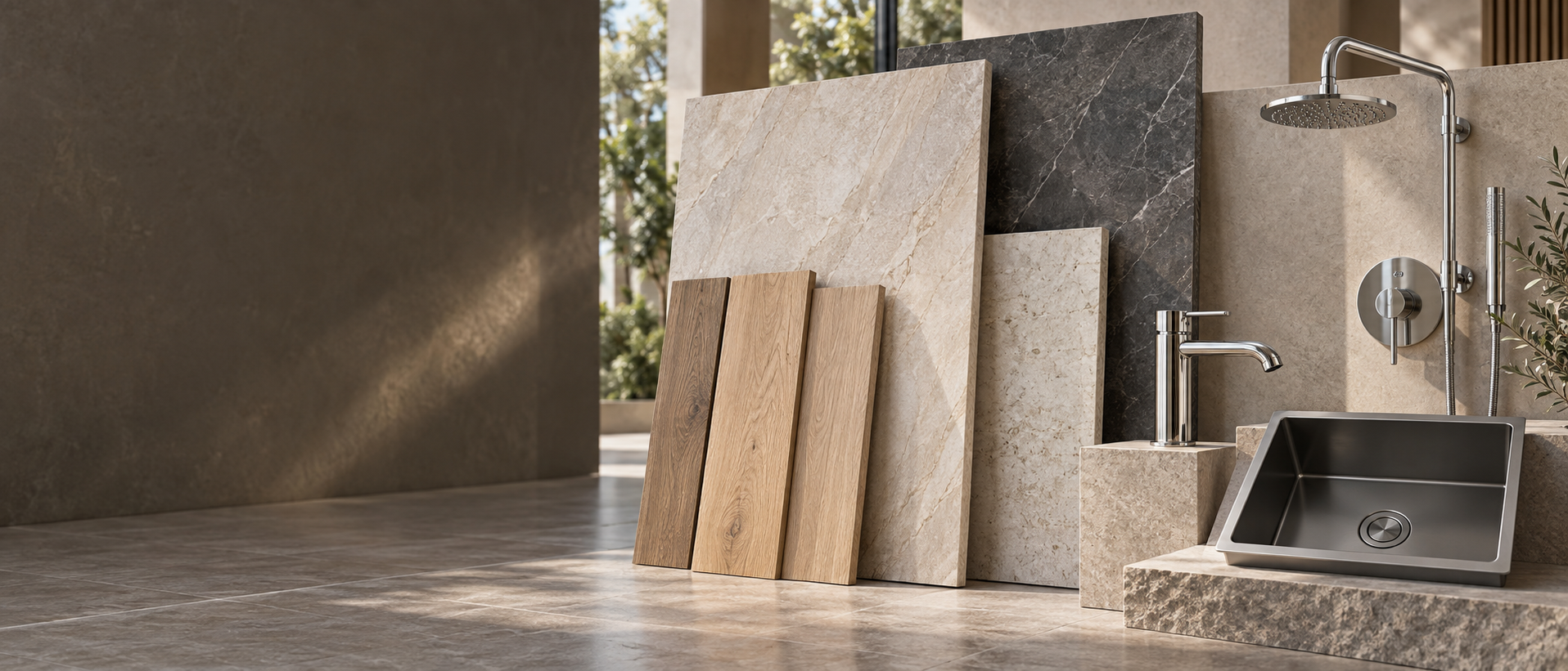Building materials display featuring tiles, timber flooring, tapware, shower fittings and kitchen sink