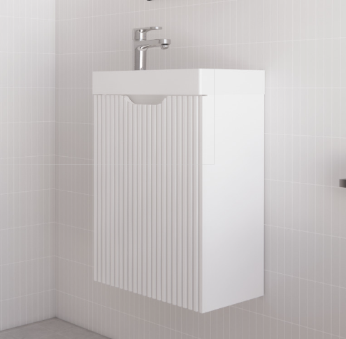 Vienna 450mm Matte White Wall Hung One Door Mini Vanity with Polymarble Top 1 Vienna 450mm Matte White Wall Hung One Door Mini Vanity with Polymarble Top